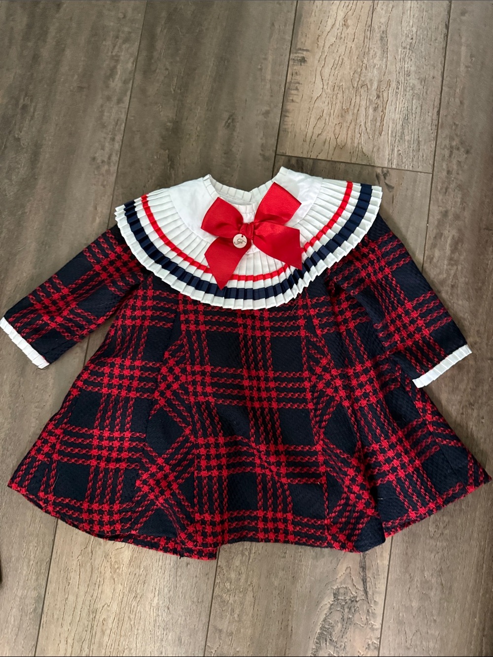 Girls Red & Navy Plaid Dress with White Pleated Collar and Red Bow